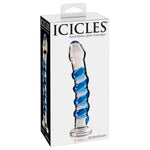 Icicles No. 5 håndblåst glassdildo med klar kropp og blå spiralstruktur, i hvit eske.