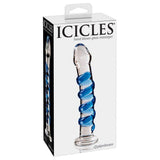 Icicles No. 5 håndblåst glassdildo med klar kropp og blå spiralstruktur, i hvit eske.