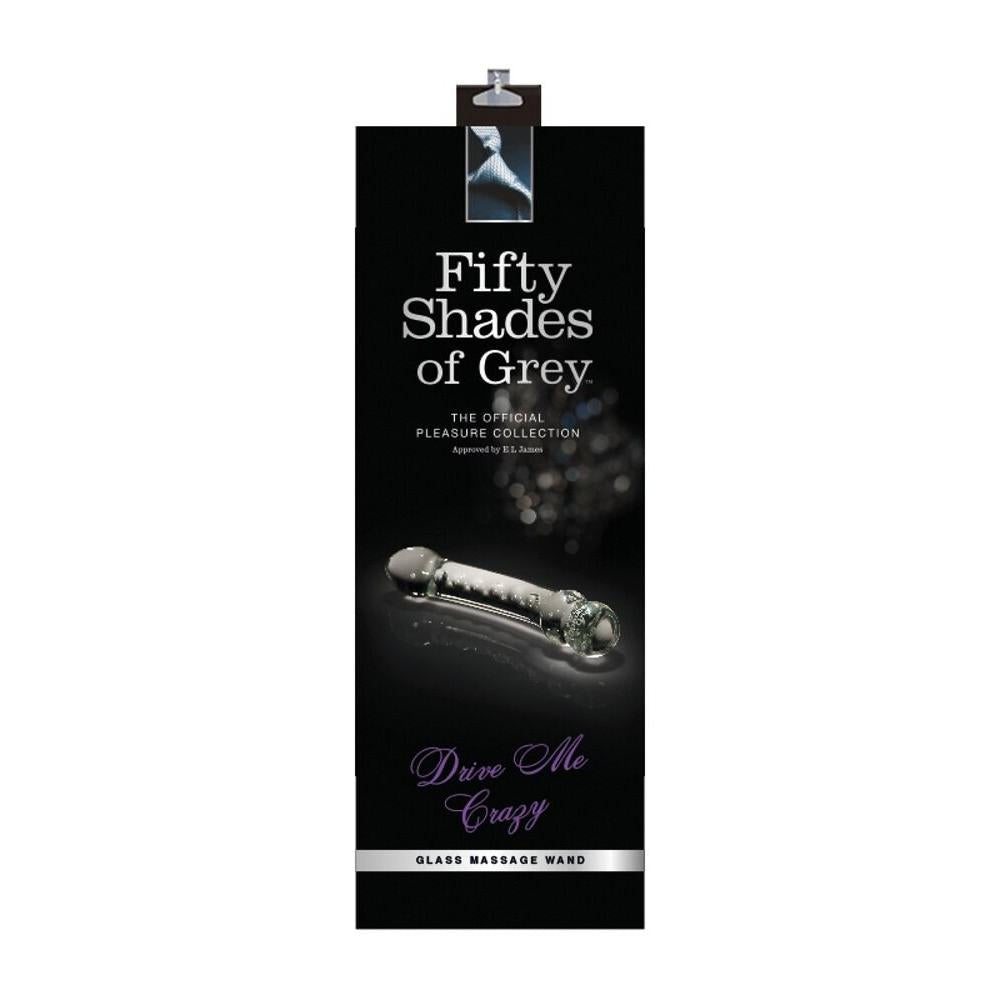Fifty Shades of Grey "Drive Me Crazy" kuleformet glassdildo på svart emballasje.
