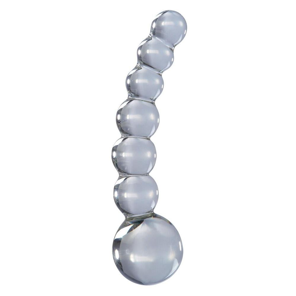 Klar, bølget glassdildo med perlede kuler, perfekt for g-punkt og prostatamassasje.