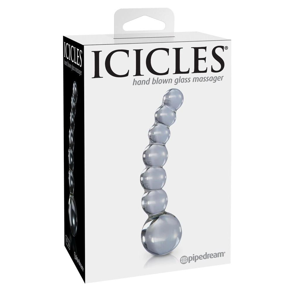 Hvit eske med "ICICLES hand blown glass massager" og et bilde av en bølget glassdildo med perlede kuler.