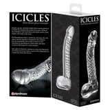 Klar, håndblåst glassdildo med buet form og teksturert skaft, vist i emballasje.