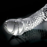 Håndlaget glassdildo, Icicles No. 61, med buet design og bølget tekstur for g-punkt/prostata stimulering.