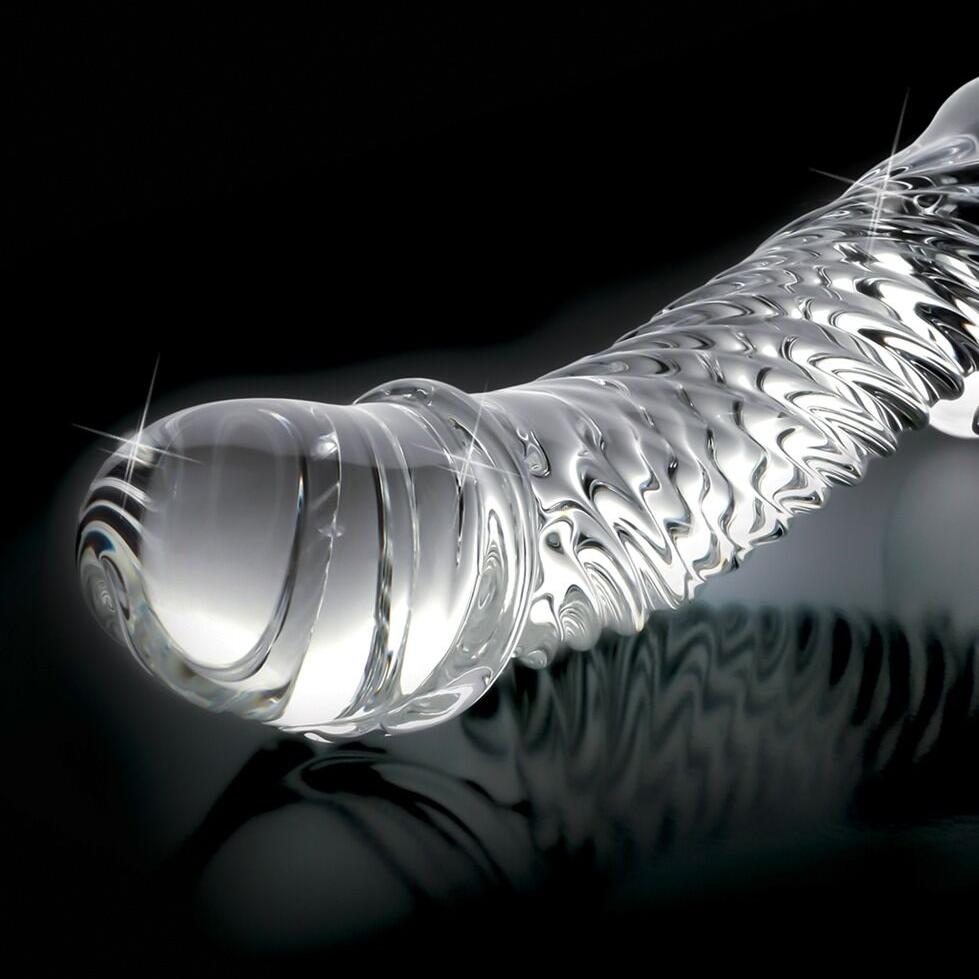Håndlaget glassdildo, Icicles No. 61, med buet design og bølget tekstur for g-punkt/prostata stimulering.
