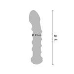 Grå silhuett av en buet glassdildo med teksturert overflate, 18 cm lang, 3.5 cm diameter.