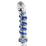 G-Spot Gemstone glassdildo med buet form og blå swirl-detaljer for målrettet stimulering.