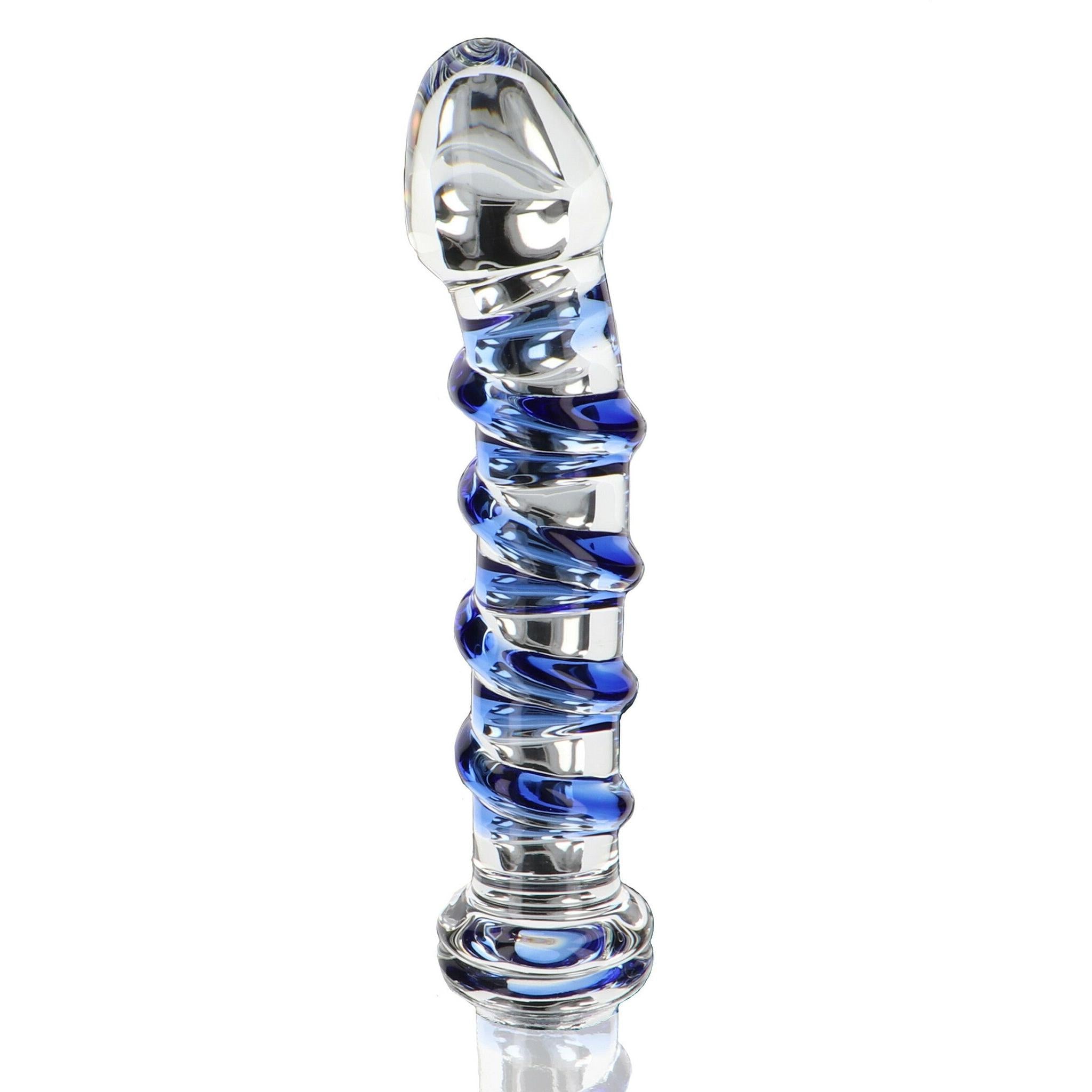 G-Spot Gemstone glassdildo med buet form og blå swirl-detaljer for målrettet stimulering.