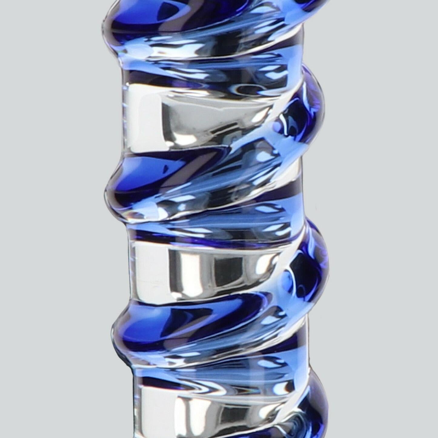 Glass Worxx G-Spot Gemstone: Blå, buet glassdildo med swirl-detaljer for målrettet stimulering.