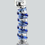 Glass Worxx G-Spot Gemstone; klar glassdildo med blå swirl-detaljer og buet form.