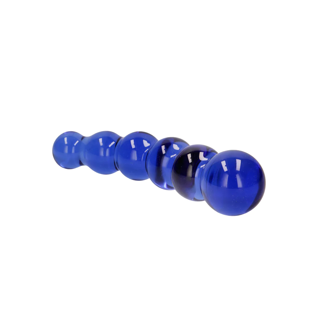 Blå, strukturert glassdildo med seks glatte kuler for vaginal og anal stimulering.
