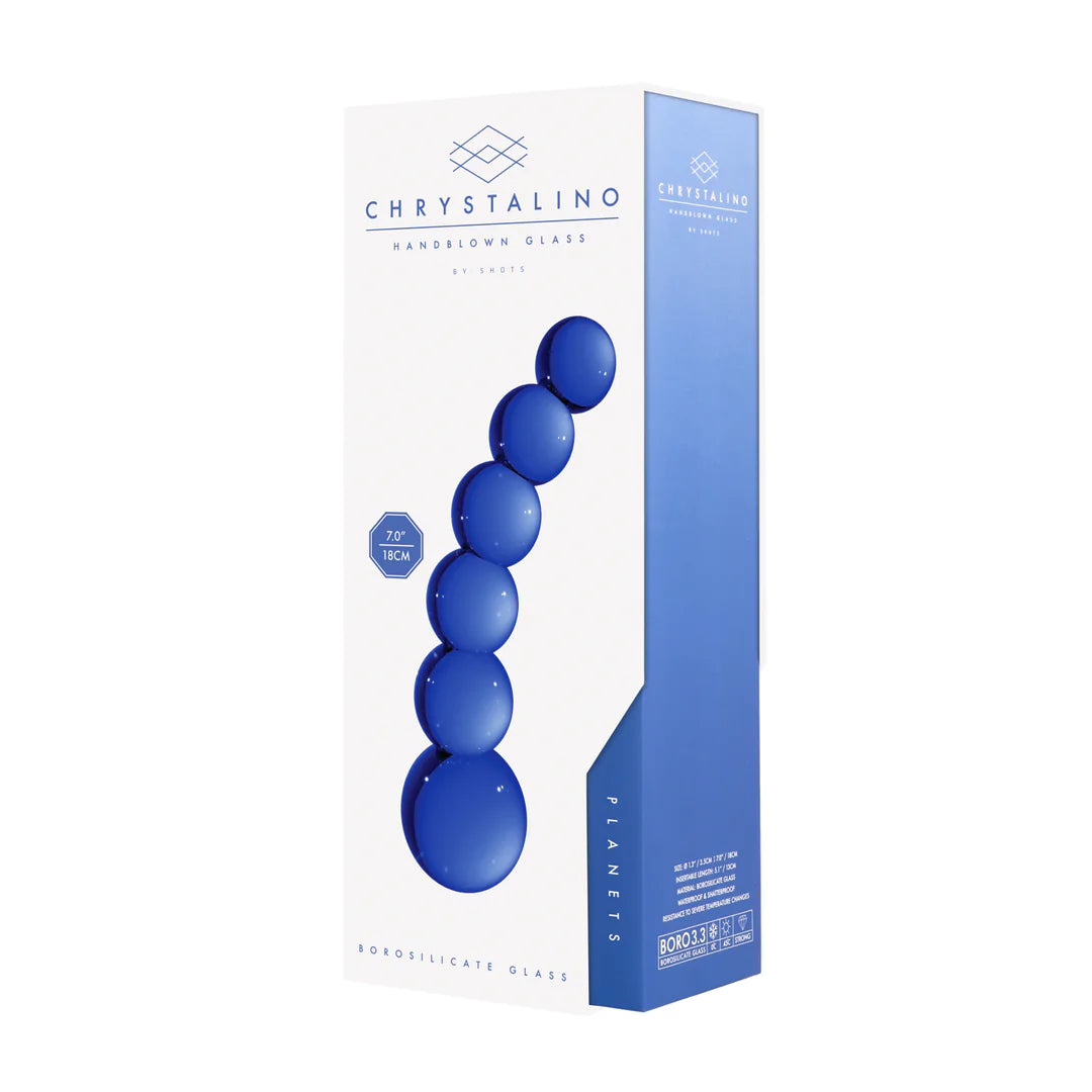 Blå, strukturert glassdildo med kuler, 18 cm lang, i hvit og blå eske.