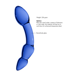 Blå, buet glassdildo i borosilikatglass med glatt overflate og form for G-punkt/prostata stimulering.
