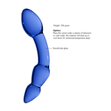 Blå, buet glassdildo i borosilikatglass med glatt overflate og form for G-punkt/prostata stimulering.
