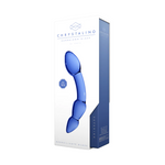 Blå, håndblåst glassdildo med buet design og 18 cm lengde, presentert i en hvit eske.