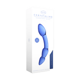 Blå, buet glassdildo i eske, 18 cm lang, for G-punkt og prostatastimulering.