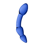 Blå, buet glassdildo med glatt overflate, designet for G-punkt og prostatastimulering.
