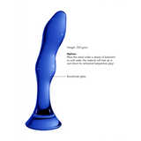 Curved blue borosilicate glass dildo with a flared base, weighing 250 grams.