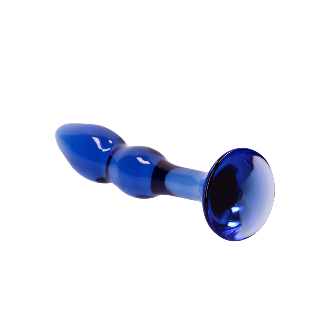 Gallant kurvet blå glassdildo med buet form og bred base for temperaturlek.