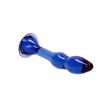 Curved blue glass dildo with a flared base and two stimulating bumps.