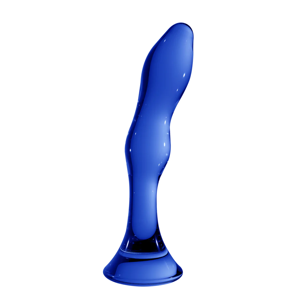 Elegant, kurvet blå glassdildo med bred base, perfekt for temperaturlek og stimulering.