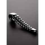 Glansfull Devil Tongue dildo i rustfritt stål med dype riller og bølgende form for G-punktstimulering.