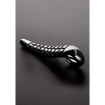 Skinnende Devil Tongue dildo i rustfritt stål med dype riller og buet ende.