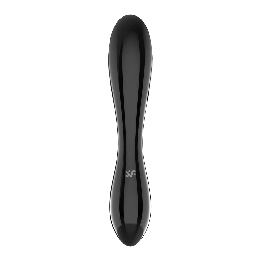 Svart, dobbeltsidig glassdildo med glatt, skinnende overflate og Satisfyer-logo.