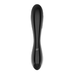 Svart, dobbeltsidig glassdildo med glatt overflate og Satisfyer-logo.