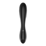 Svart, dobbeltsidig glassdildo med glatt overflate og Satisfyer-logo.