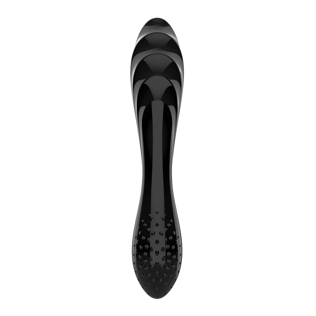 Svart, dobbeltsidig glassdildo med riller på den ene enden og knotter på den andre.