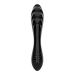 Svart, dobbeltsidig glassdildo med riller på den ene enden og knotter på den andre.