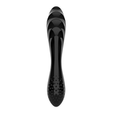 Svart, dobbeltsidig glassdildo med riller på den ene enden og knotter på den andre.