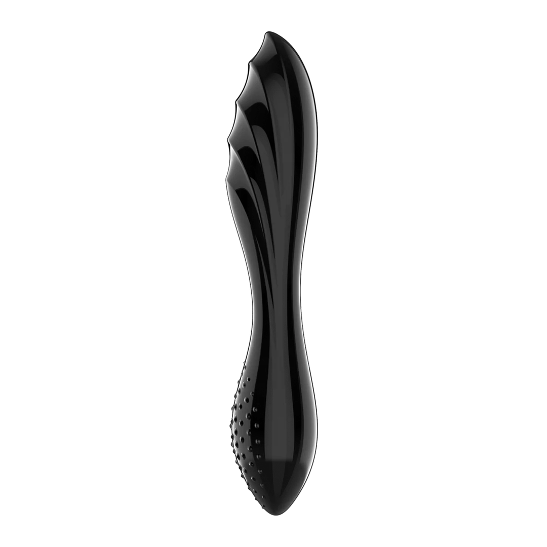 Sort, dobbeltsidig glassdildo med riller på den ene enden og knotter på den andre.