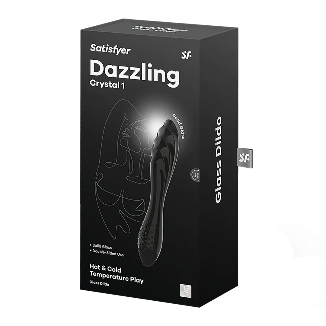 Svart Satisfyer Dazzling Crystal glassdildo-eske med produktbilde og funksjoner.