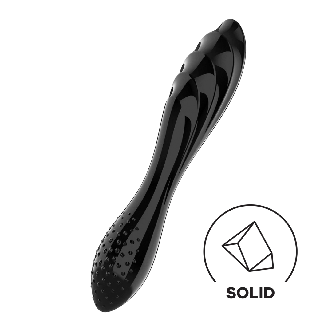 Svart, dobbeltsidig glassdildo med riller, knotter og en "SOLID" logo.