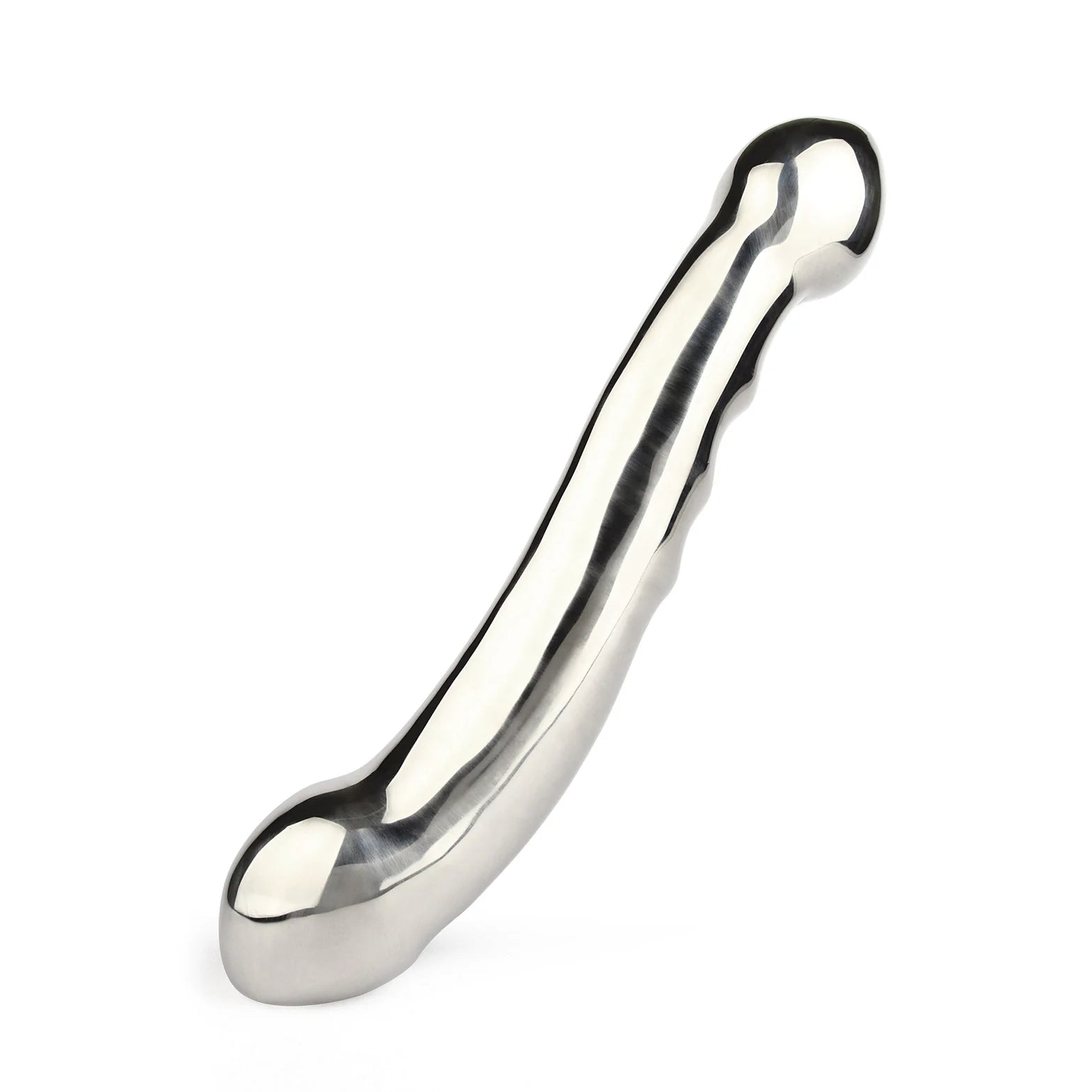 Skinnende sølvfarget Elegant Eleven dildo i rustfritt stål, 28cm, med ergonomisk form.