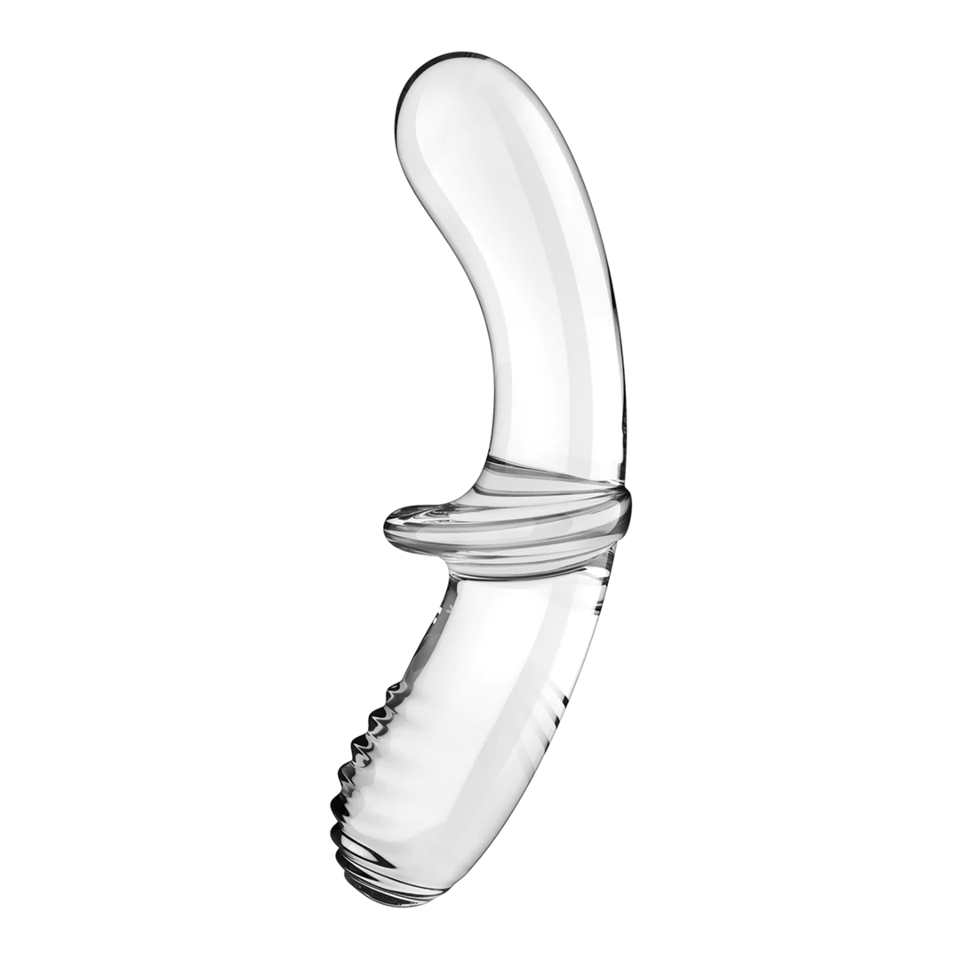 Transparent borosilicate glass dildo with a curved smooth end and a ribbed end, featuring a central grip.