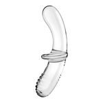 Transparent dobbeltsidig glassdildo med en glatt og en ribbet ende, samt et bredt grep i midten.