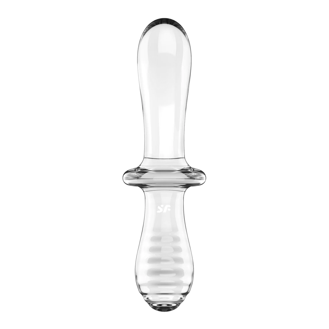 Transparent glass dildo with one smooth end and one ribbed end, featuring a central grip.