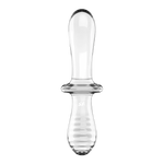 Transparent glass dildo with one smooth end and one ribbed end, featuring a central grip.
