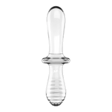Transparent glass dildo with one smooth end and one ribbed end, featuring a central grip.