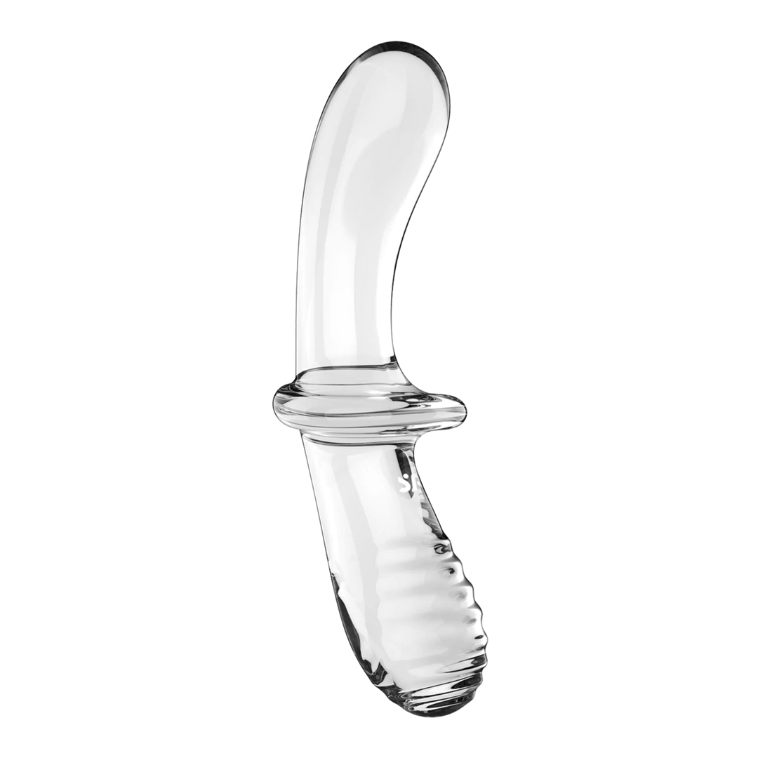 Transparent glass dildo with a smooth curved end, a ribbed end, and a wide grip in the middle.