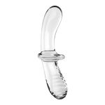 Transparent borosilicate glass dildo with a smooth end, ribbed end, and central grip.