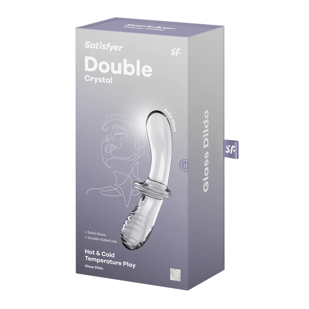 Satisfyer Double Crystal transparent glass dildo in its grey and white product box.