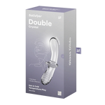 Satisfyer Double Crystal transparent glass dildo in its grey and white product box.