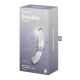 Satisfyer Double Crystal transparent glass dildo in its grey and white product box.