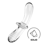 Transparent glass dildo with one smooth end and one ribbed end, featuring a wide grip.