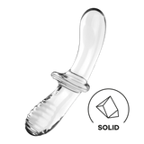 Transparent glass dildo with one smooth end and one ribbed end, featuring a wide grip.