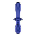 Dyp blå glassdildo med dobbel stimulering, en glatt og en ribbet ende, og bredt grep.
