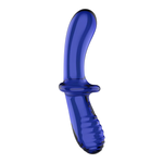 Dyp blå glassdildo med dobbel stimulering, en glatt og en strukturert ende, og ergonomisk grep.